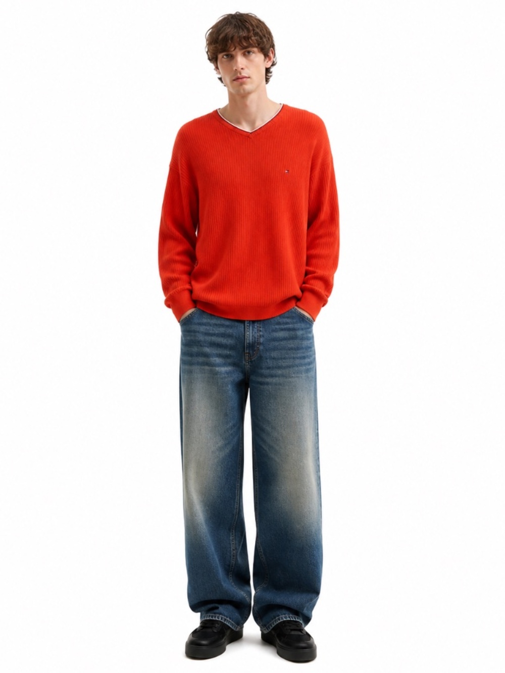 Vintage 90s Tommy Hilfiger Orange Ribbed V-Neck Sweater w White Trim – Med GUC